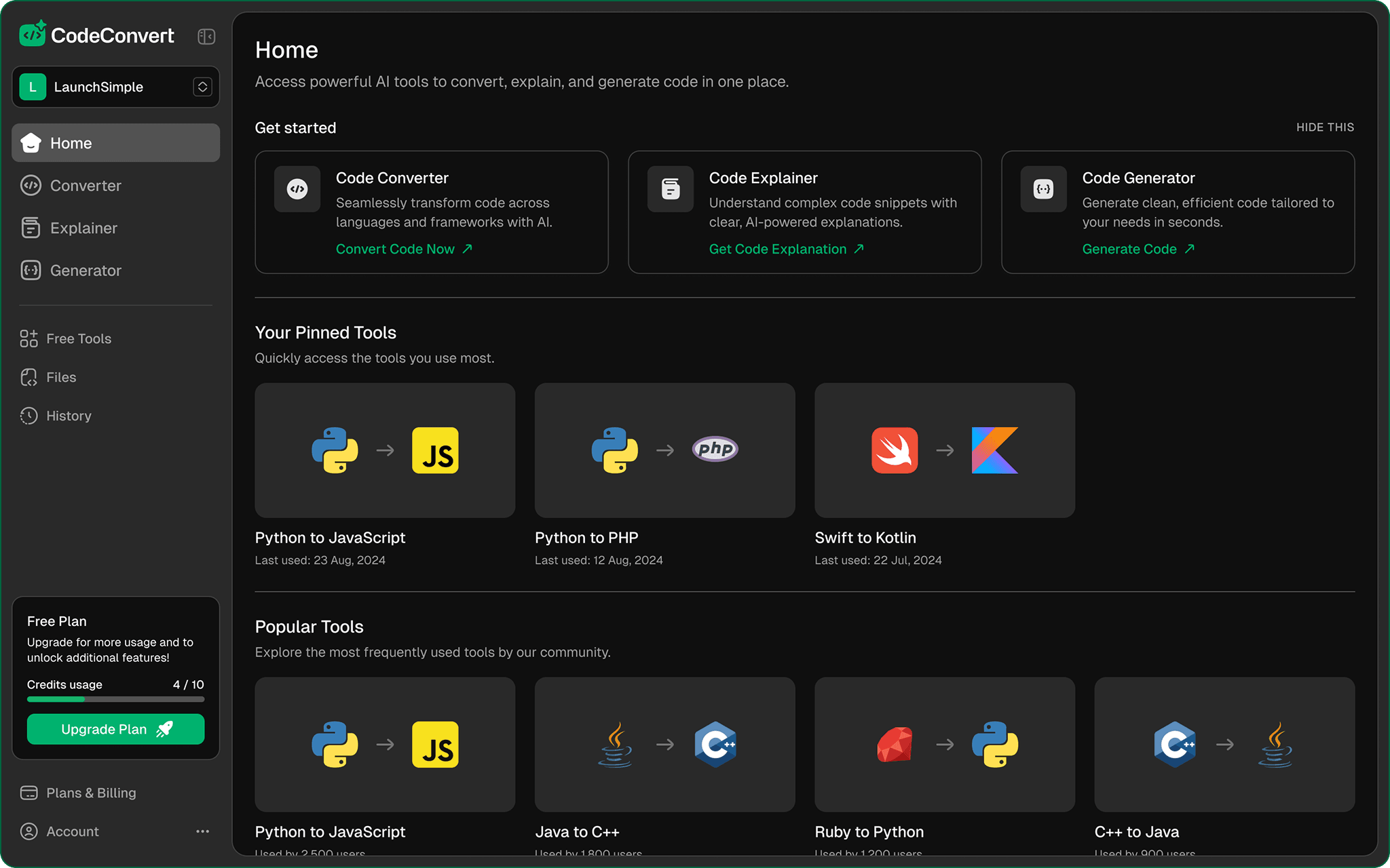 CodeConvert application interface (dark mode)